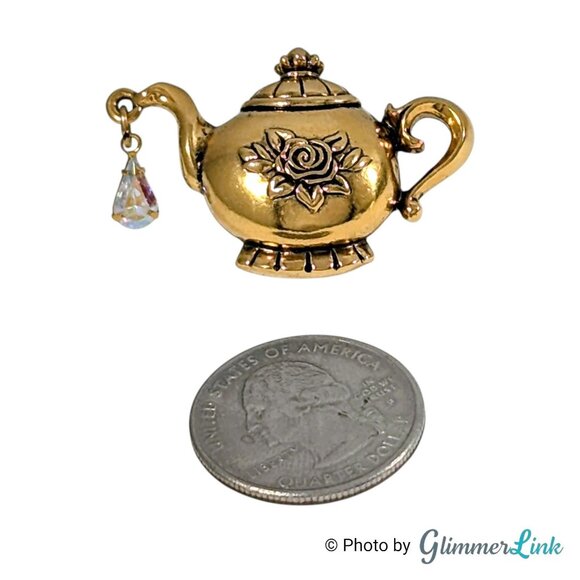 Vintage 1994 Avon Tea Time Tac Pin Gold Teapot Brooch Crystal Drop Book Piece - Picture 4 of 8